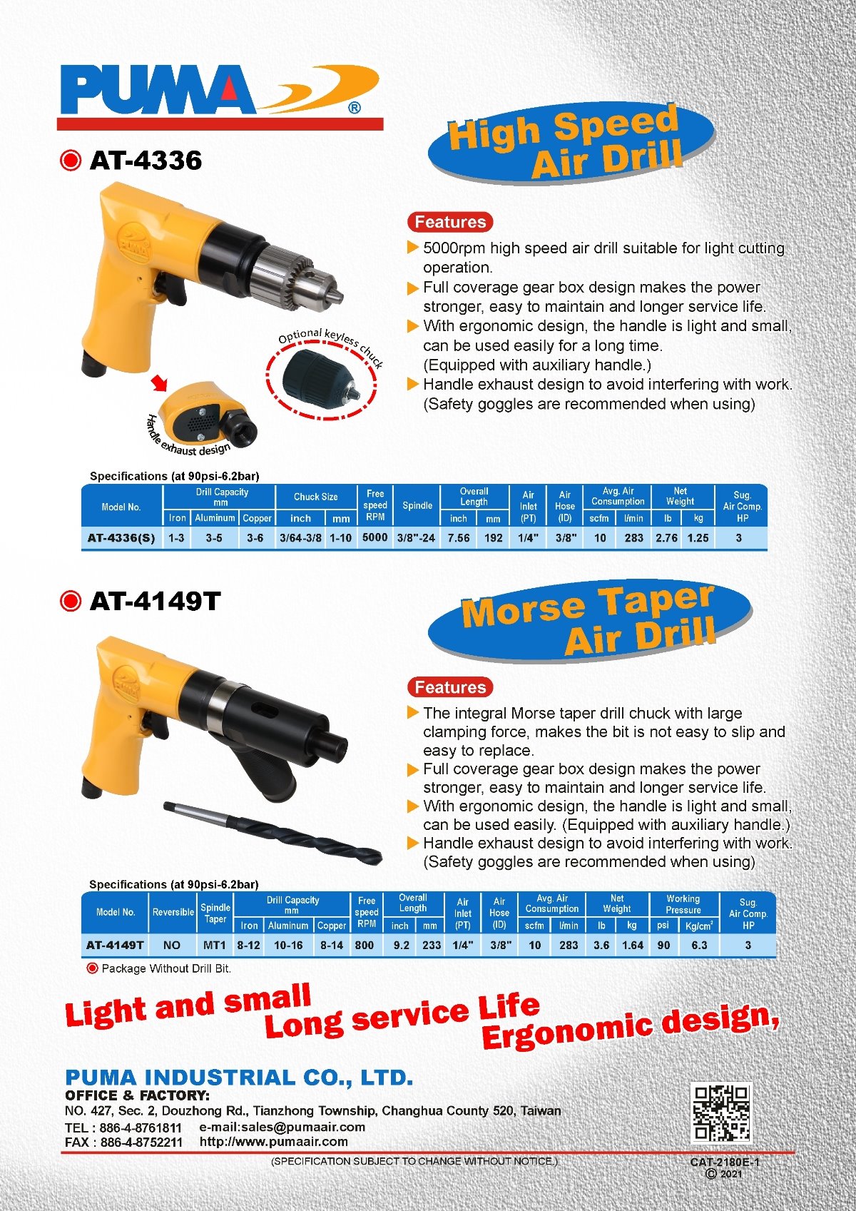 PUMA AT-4336 High Speed Air Drill & AT-4149T Morse Taper Air Drill